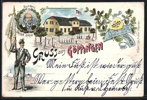 Lithographie Göppingen, Turn-Club Frisch-Auf 1899, Turnhalle, Turnvater Jahn