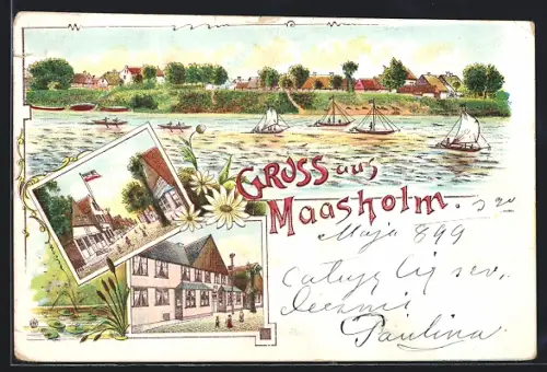 Lithographie Maasholm, Strassenpartie und Flusspartie mit Booten