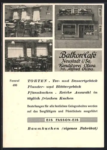 AK Neustadt i. Sa., Balkon Cafe-Konditorei A. Oliva, Fassade, Innenansichten, Werbetext