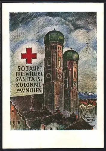 Künstler-AK München, 50 Jahre Sanitätskolonne Rotes Kreuz 1926, Frauenkirche aus der Vogelschau