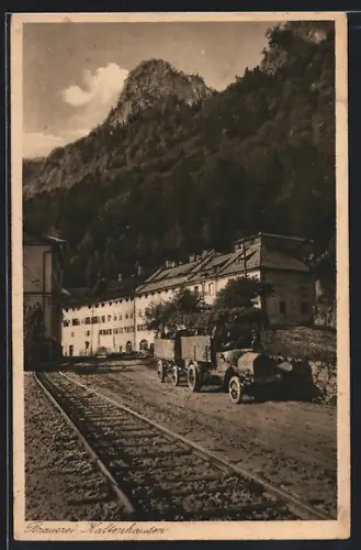 AK Hallein, Brauerei Kaltenhausen, Bahnschienen und Trecker mit Anhängern