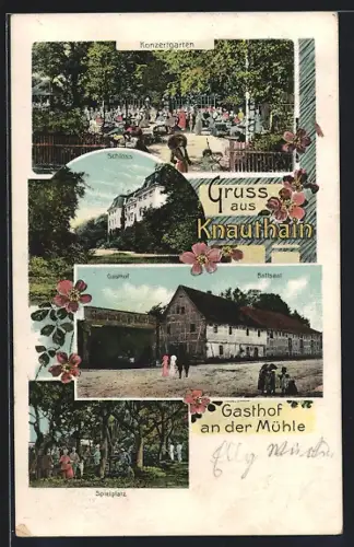 AK Knauthain, Gasthof an der Mühle mit Spielplatz u. Konzertgarten, Schloss