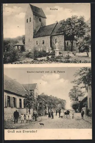 AK Elversdorf, Gasthaus J. B. Peters mit Strasse und kleiner Versammlung, Kirche