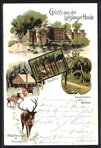 Lithographie Letzlingen, Wildfütterung Binsengrund, Kaiserstand Stemmsal, Kaiserliches Jagdschloss