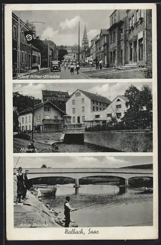AK Nalbach /Saar, Strasse mit , Mühle, Neue Brücke