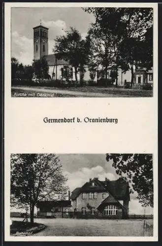 AK Germendorf /Oranienburg, Bahnhof, Kirche mit Denkmal