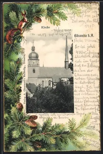 Passepartout-Lithographie Gössnitz /S. A., Kirche, Tannenzweige mit Eichhörnchen