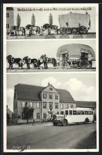 AK Dolsenhain, Gasthof zum goldenen Engel B. Geithel mit Bus im Jahr 1933, Kutschen 1843 und 1845