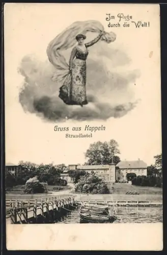 AK Kappeln / Schlei, Strandhotel mit Bootssteg vom Wasser aus, Fliegende junge Dame