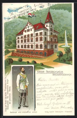 Lithographie Neckargerach, Kaiser Friedrichsheim für unbemittelte Krieger, Portrait, Wohlfahrtskarte