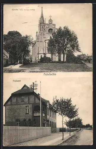 AK Fehrbellin, Strassenpartie am Postamt, Kirche mit Umgebung