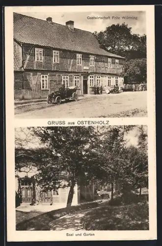 AK Ostenholz, Gasthaus Fritz Wünning mit Strasse, Saal und Garten