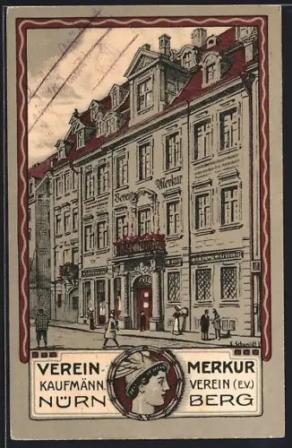 Künstler-AK Nürnberg, Kaufmännischer Verein Merkur, Vereinsgebäude, Merkur, Ornament-Rahmen