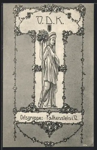 Künstler-AK Falkenstein i. V., Ortsgruppe des VDK, Frauenfigur mit Blumen, Rosengirlanden