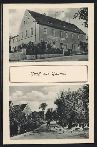 AK Gaunitz, Gasthof, Ortspartie mit Gänsen