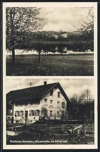 AK Nitzenweiler am Schleinsee, Gasthaus Seerose, Ortspanorama mit See