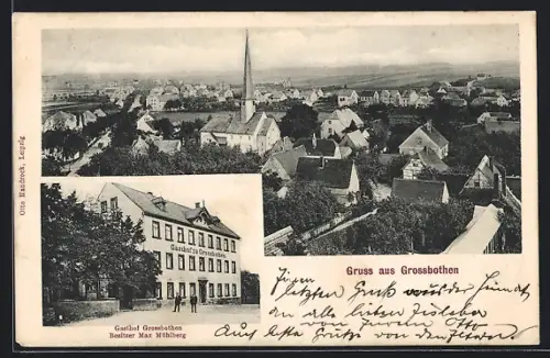 AK Grossbothen, Gasthof zu Grossbothen Max Mühlberg, Totalansicht aus der Vogelschau