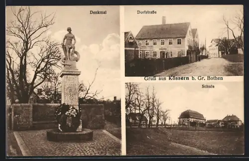 AK Kössern bei Gr. Bothen, Denkmal mit Kranz, Dorfstrasse, Schule