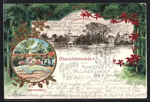 Lithographie Berlin-Oberschöneweide, Gaststätte Moerners Blumengarten vom Wasser aus, Rosenplateau, Wald-Passepatout