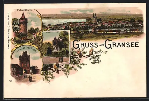 Künstler-AK Gransee, Pulverturm, Ruppiner Tor, Luisendenkmal