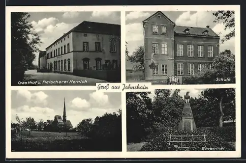 AK Jahnshain, Gasthof-Fleischerei Heinich, Ehrenmal, Schule