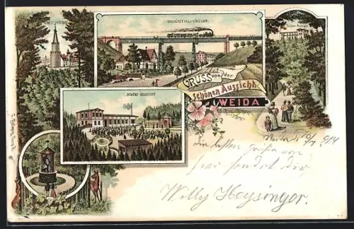 Lithographie Weida / Thür., Gasthaus Schöne Ausssicht, Oschützenthal-Viadukt, Schloss Osterburg