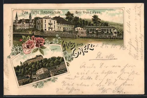 Lithographie Greiz, Hotel Hischstein F. Hass, Schloss mit Brücke, Rosen