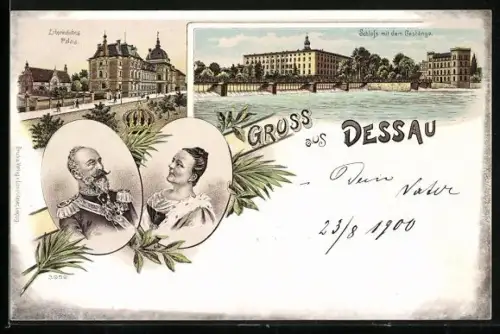 Lithographie Dessau, Herzog Friedrich von Anhalt mit Gattin, Erbprinzliches Palais, Schloss mit Gestänge