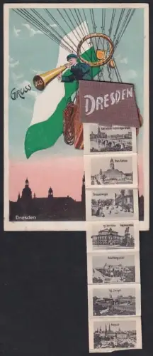 Leporello-AK Dresden, Mann in einem Ballon, Neues Rathaus, Kgl. Zwinger, Postplatz, Altmarkt