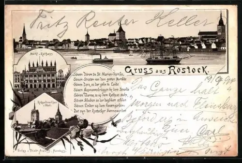 Vorläufer-Lithographie Rostock, 1894, Markt und Rathaus, Kröpelinerthor und Wall, Panorama