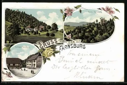 Lithographie Ormalingen, Kurhaus Farnsburg, Ruine Farnsburg, Ortspartie