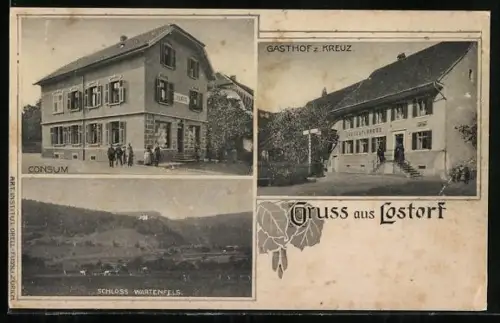 AK Lostorf, Gasthaus zum Kreuz, Consum und Blick zum Schloss Wartenfels