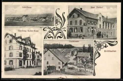 AK Brüttisellen, Restaurant Freihof, Handlung Keller-Kunz, Schulhaus und Dorfstrasse