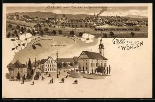 Lithographie Wohlen /AG, Sternenplatz mit Hotel Sternen und Kirche, Panorama