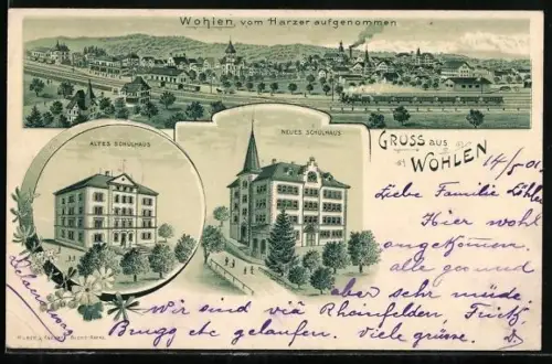 Lithographie Wohlen /AG, Altes und neues Schulhaus, Ortsansicht vom Harzer aus gesehen
