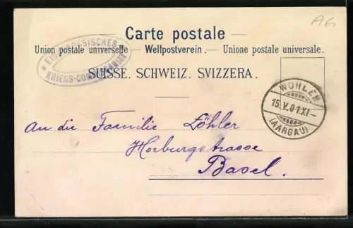 Lithographie Wohlen /AG, Altes und neues Schulhaus, Ortsansicht vom Harzer aus gesehen