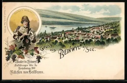 Lithographie Beinwil a. See, Gesamtansicht, Aufführung Kätchen von Heilbronn im Theater in Beinwyl an Neujahr 1900