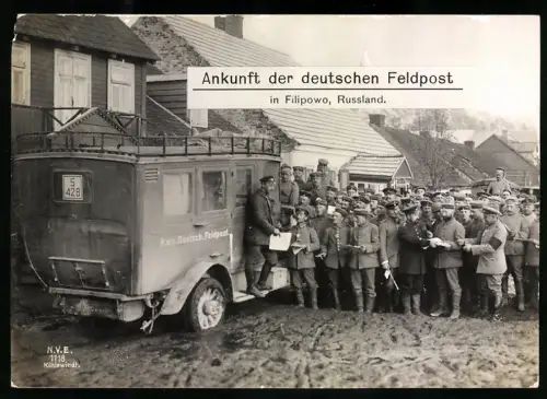 Riesen-AK Filipowo, Ankuft der deutschen Feldpost, Auto Kais. Deutsch. Feldpost, Soldaten