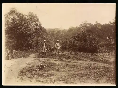 Fotografie deutsche Kolonialisten im Busch mit Tropenhelm, Eingeborenen im Hintergrund beim Transportieren, 1911