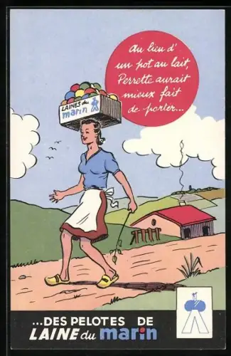 AK Reklame für Wolle von Laine du Marin, Frau balanciert Kiste mit Wollknäuel auf dem Kopf
