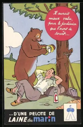 AK Reklame für Wolle von Laine du Marin, Ein Bär untersucht einen Wollknäuel über einem schlafenden Mann