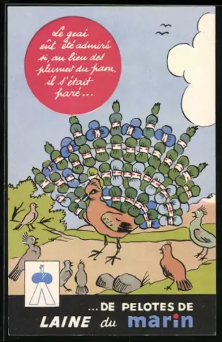 AK Reklame für Wolle von Laine du Marin, Pfau ist statt Federkleid mit Wollknäuel geschmückt