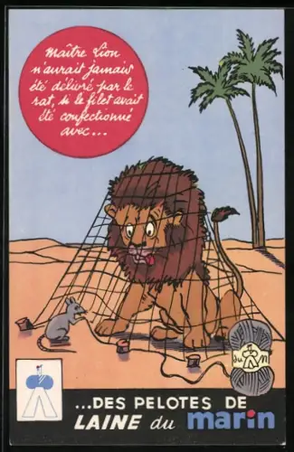 AK Reklame für Wolle von Laine du Marin, Ratte fängt Löwe mit einem Netz aus Wolle