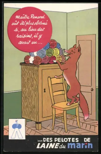 AK Reklame für Wolle von Laine du Marin, Fuchs bedient sich einem Stuhl um an die Wolle zu kommen