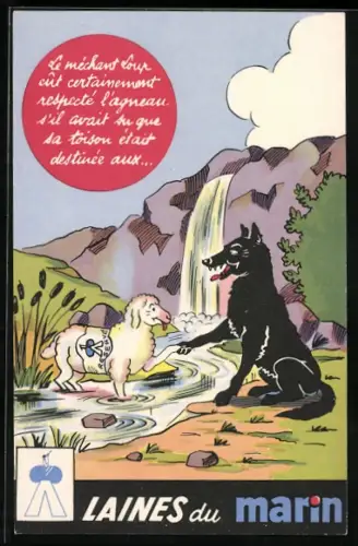 AK Reklame für Wolle von Laine du Marin, Schaf und Wolf reichen sich die Pfote