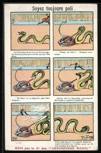 AK Reklame für Chaussueres Raoul, Schlange und Wasserschlauch geraten in Comic aneinander