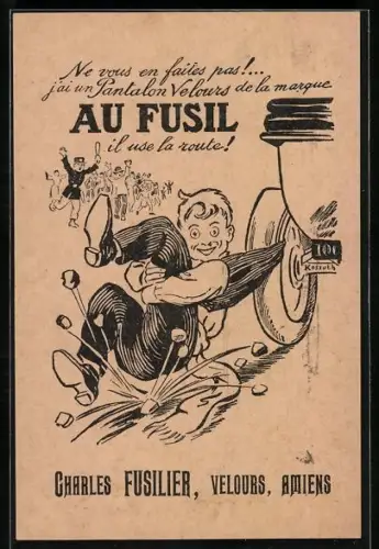 AK Reklame für Velours Hosen von Au Fusil, Charles Fusilier, Junge lässt sich vom Auto ziehen, die Hose hält es aus