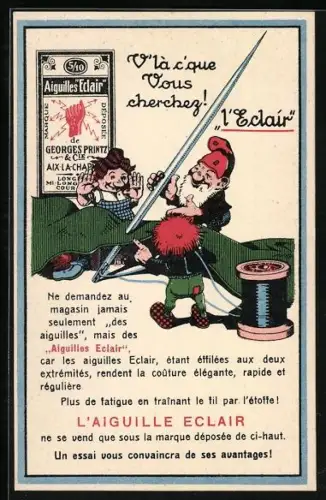 AK Zwerge präsentieren eine Reklame für Aiguilles Eclair, Nähnadeln