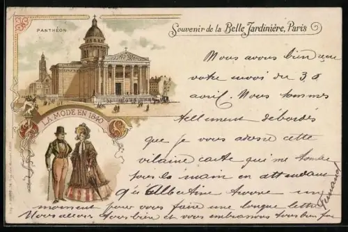 AK Paris, Souvenir de la Belle Jardinière, Pantheon et la mode en 1840