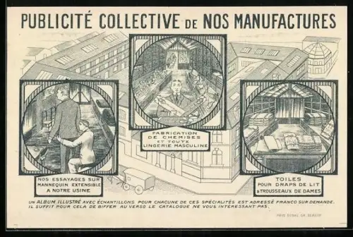 AK Publicité Collective de Nos Manufactures, Fabrication de chemises, Draps de Lit, Mannequin Extensible